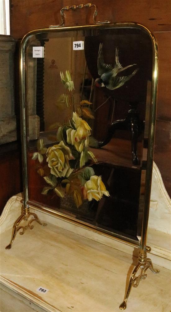 Victorian brass framed painted mirrored fire screen(-)